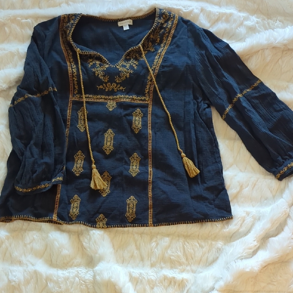 Garnet Hill Blue Top with Gold Embroidery